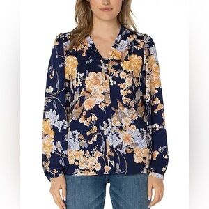 Well Worn Women Button Front Long Sleeve V Neck Ruffle Detail Blouse